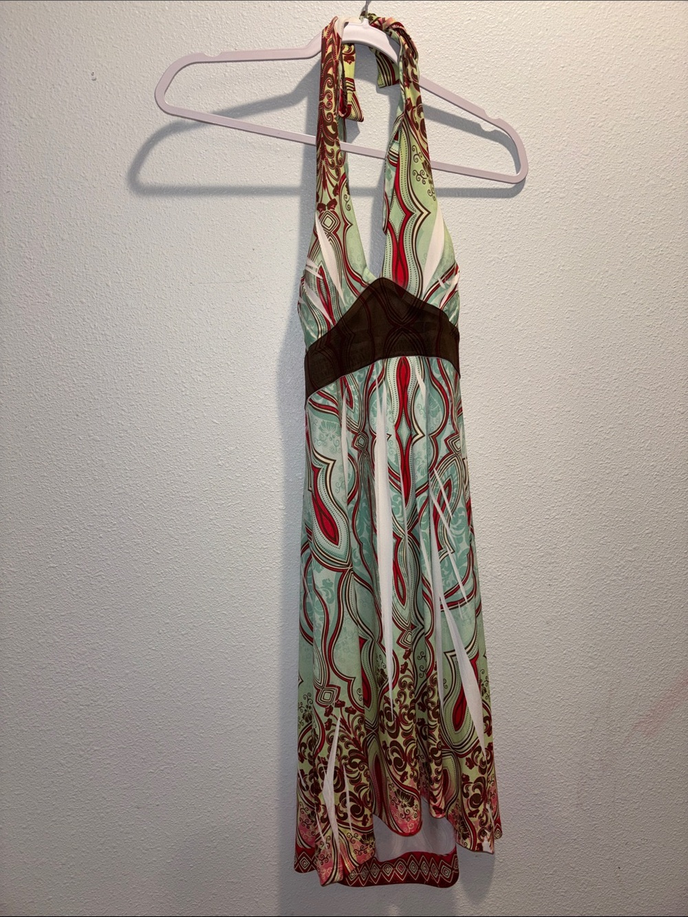 Halter Midi Dress in Mint, Brown & Red